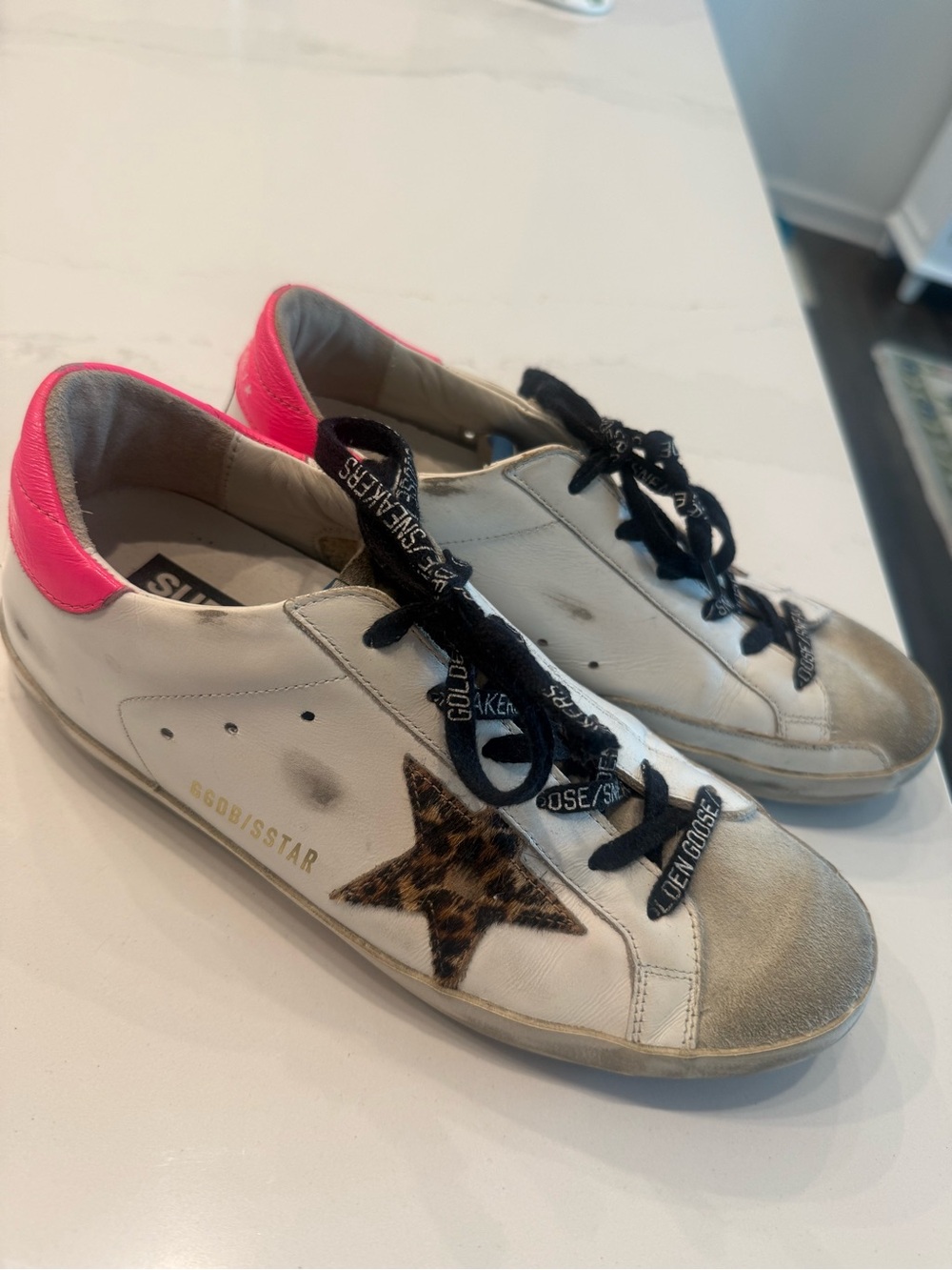 Golden Goose White Leather Sneakers with Pink Heel and Leopard Star